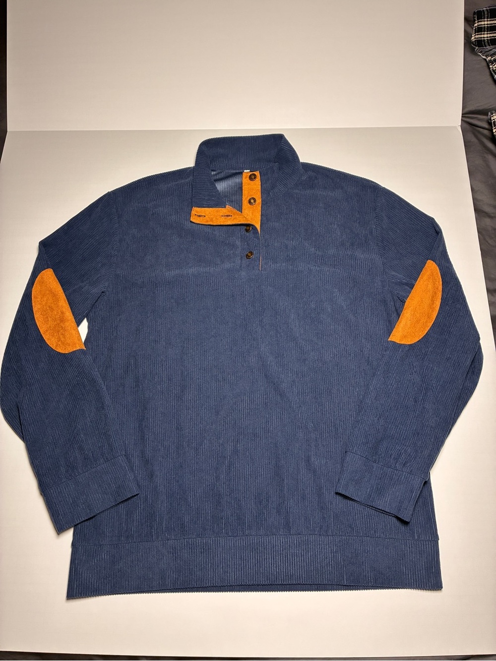 Hengshen Jeans Navy Quarter-Snap Pullover L Suede Patch Preppy